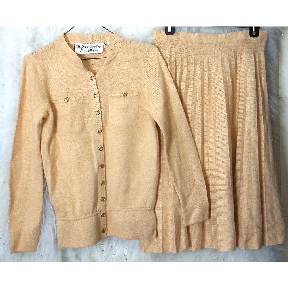 Vintage 1970s St John Knits Neiman Marcus Cardigan & Skirt Set Beige READ